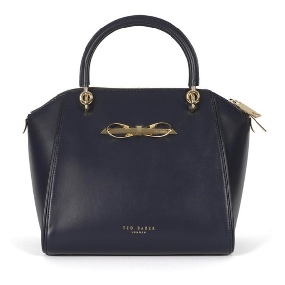 Ted Baker - Lailey Metal Slim Bow Leather Small Tote Bag In Navy - Picture 1 of 15